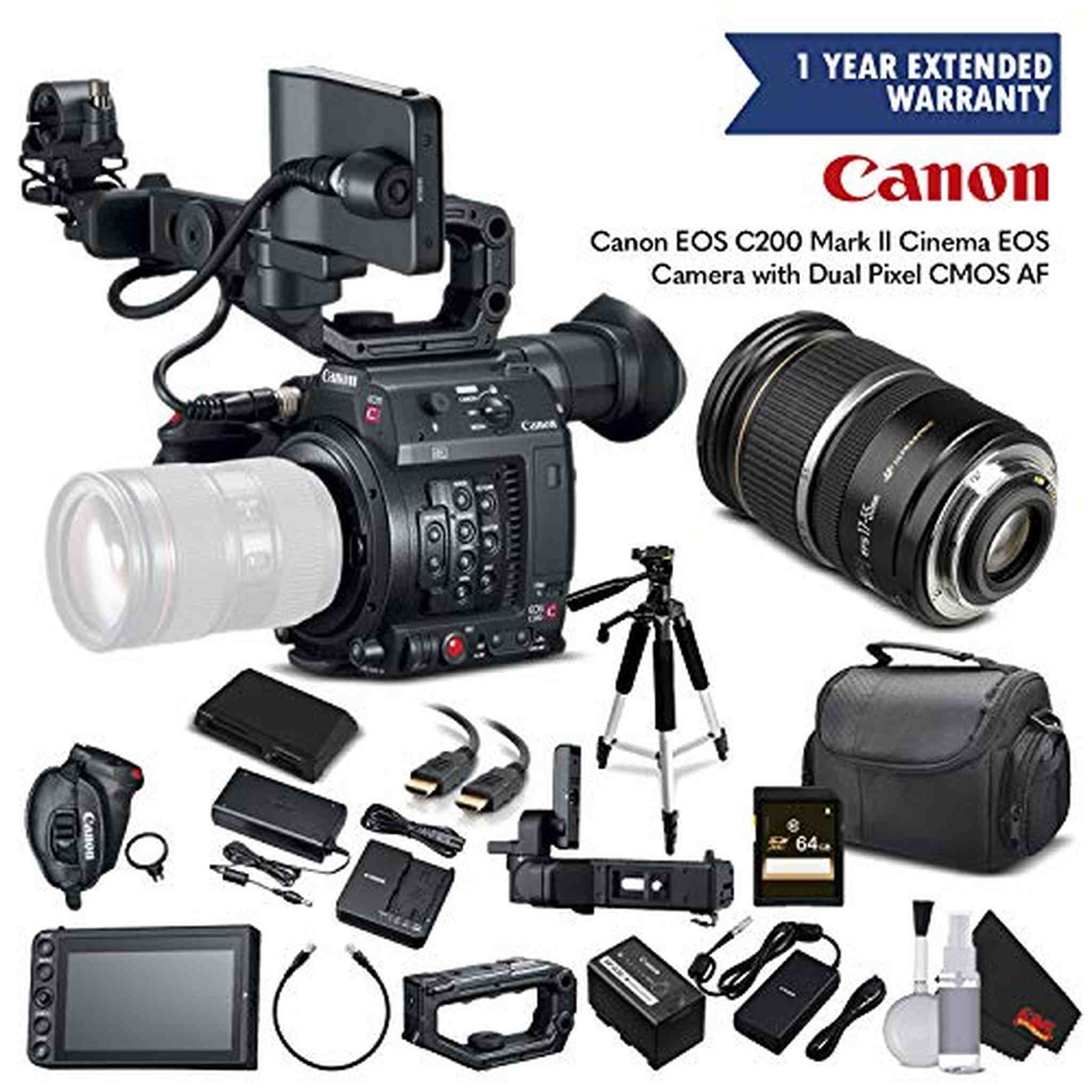 Canon EOS C200 Cinema Camera 2215C002 & 17-55MM Lens with Memory Card, Case, Tripod, and Extended Warranty - Starter Bun