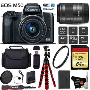 Canon EOS M50 Mirrorless Digital Camera with 15-45mm Lens + Flexible Tripod + UV Protection Filter + Professional Case + Canon