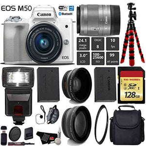 Canon EOS M50 Mirrorless Digital Camera White with 15-45mm Lens + Flash + UV FLD CPL Filter Kit + Wide Angle & Telepho