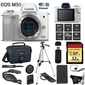 Canon EOS M50 Mirrorless Digital Camera White, Body Only + 32GB Class 10 Memory Card + Canon Camera Case + Full Size T