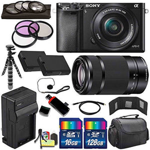 Sony Alpha a6000 Mirrorless Digital Camera with 16-50mm Lens Black + Sony E 55-210mm f/4.5-6.3 OSS E-Mount Lens 144GB Bundle