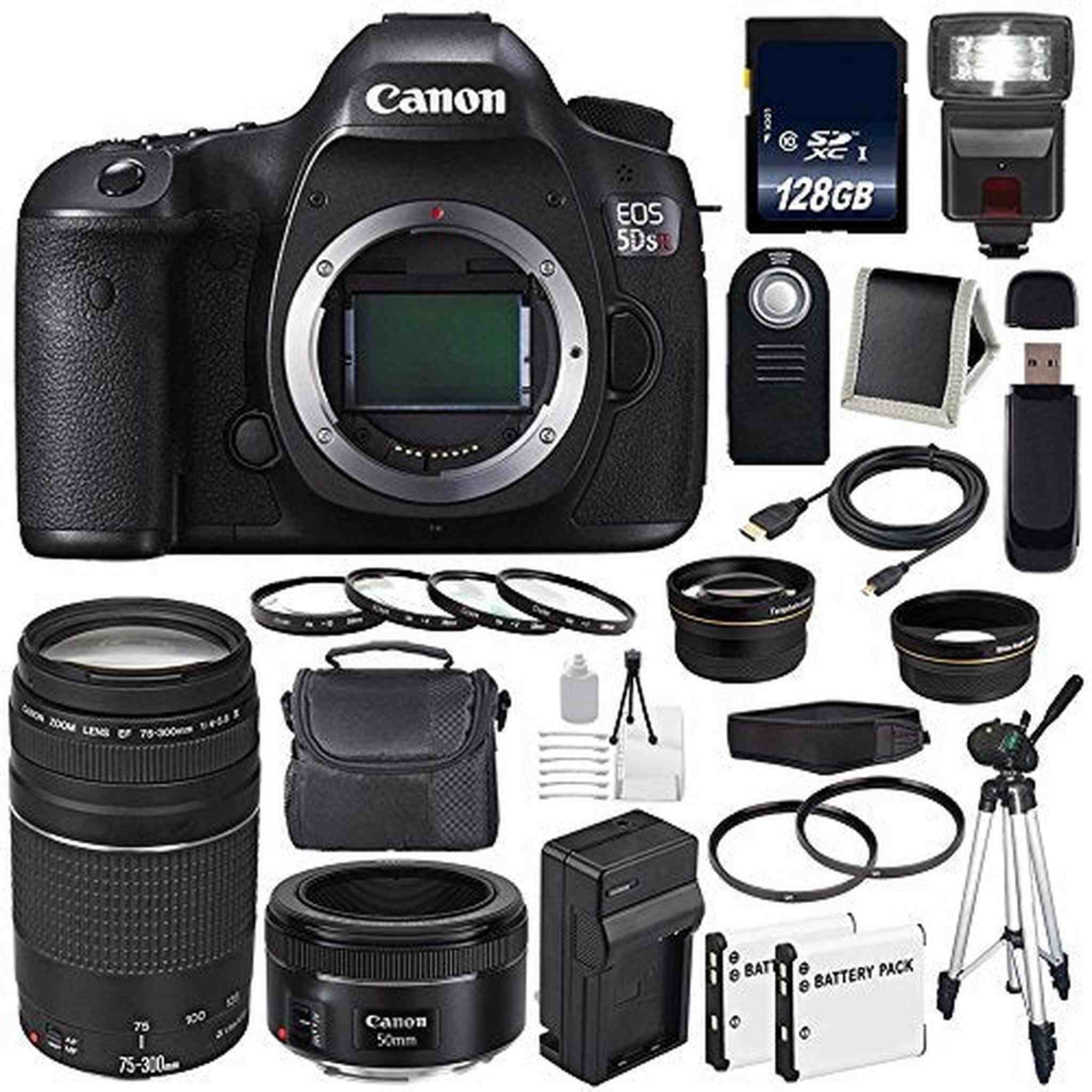 Canon EOS 5DS R DSLR Camera International Model 0582C002 + Canon EF 75-300 III+ EF 50mm f/1.8 STM Lens + LP-E6 Replace