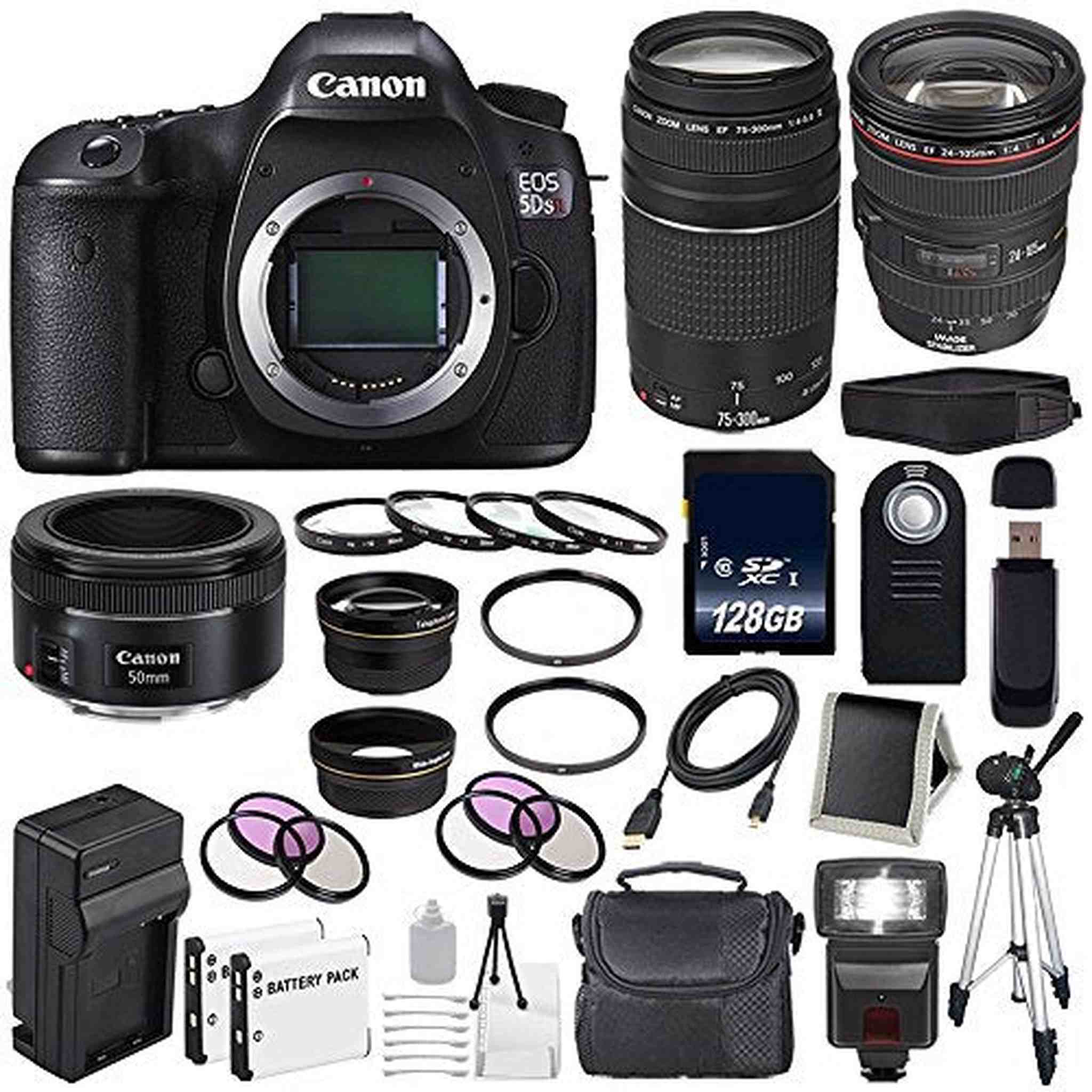 Canon EOS 5DS R DSLR Camera International Model 0582C002 + Canon EF 24-105mm f/4L is USM Lens + Canon EF 75-300 III Deluxe Bundle