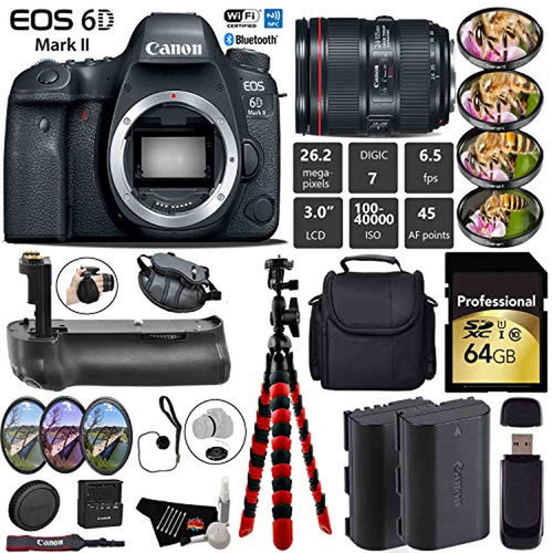 Canon EOS 6D Mark II DSLR Camera with 24-105mm f/4L II Lens + Professional Battery Grip + 4PC Macro Filter Kit + LED Kit Pro Bundle
