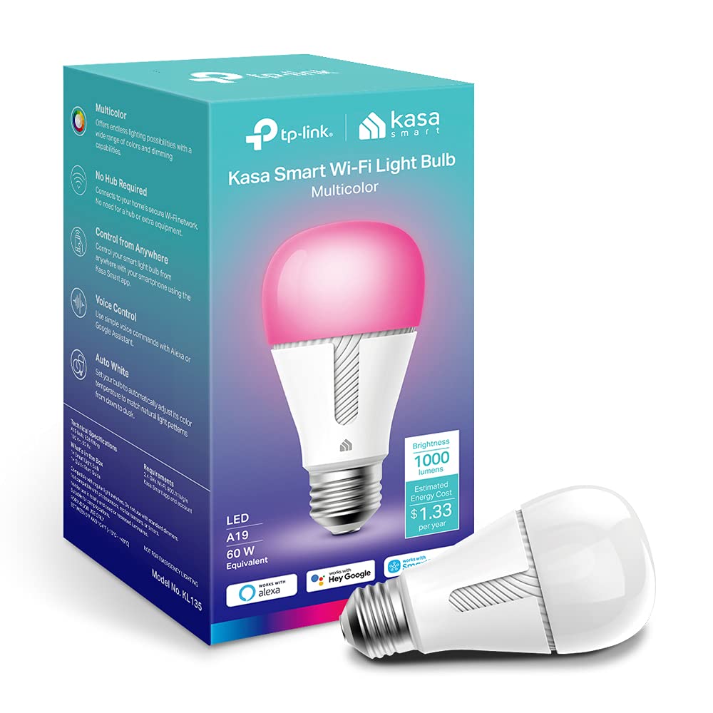 Kasa Smart Bulb, Dimmable Color Changing Light Bulb Work with Alexa and Google Home, 1000 Lumens 60W Equivalent, Amazon CFH&FFS, 2.4Ghz WiFi only, No Hub Required, 2-Year Warranty, 1-Pack (KL135)