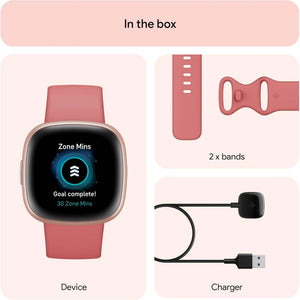 Fitbit Versa 4 Fitness Smartwatch with Daily Readiness, GPS, 24/7 Heart Rate, 40+ Exercise Modes, Sleep Tracking and more, Pink Sand/Copper Rose, One Size S & L Bands Included - Reconditioned Fitbit