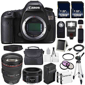Canon EOS 5DS DSLR Camera International Model 0581C002 + Canon EF 24-105mm f/4L is USM Lens + EF 50mm f/1.8 STM Lens + LP-E6 Replacement Battery + Charger + 128GB SDXC Card Bundle - Used Canon
