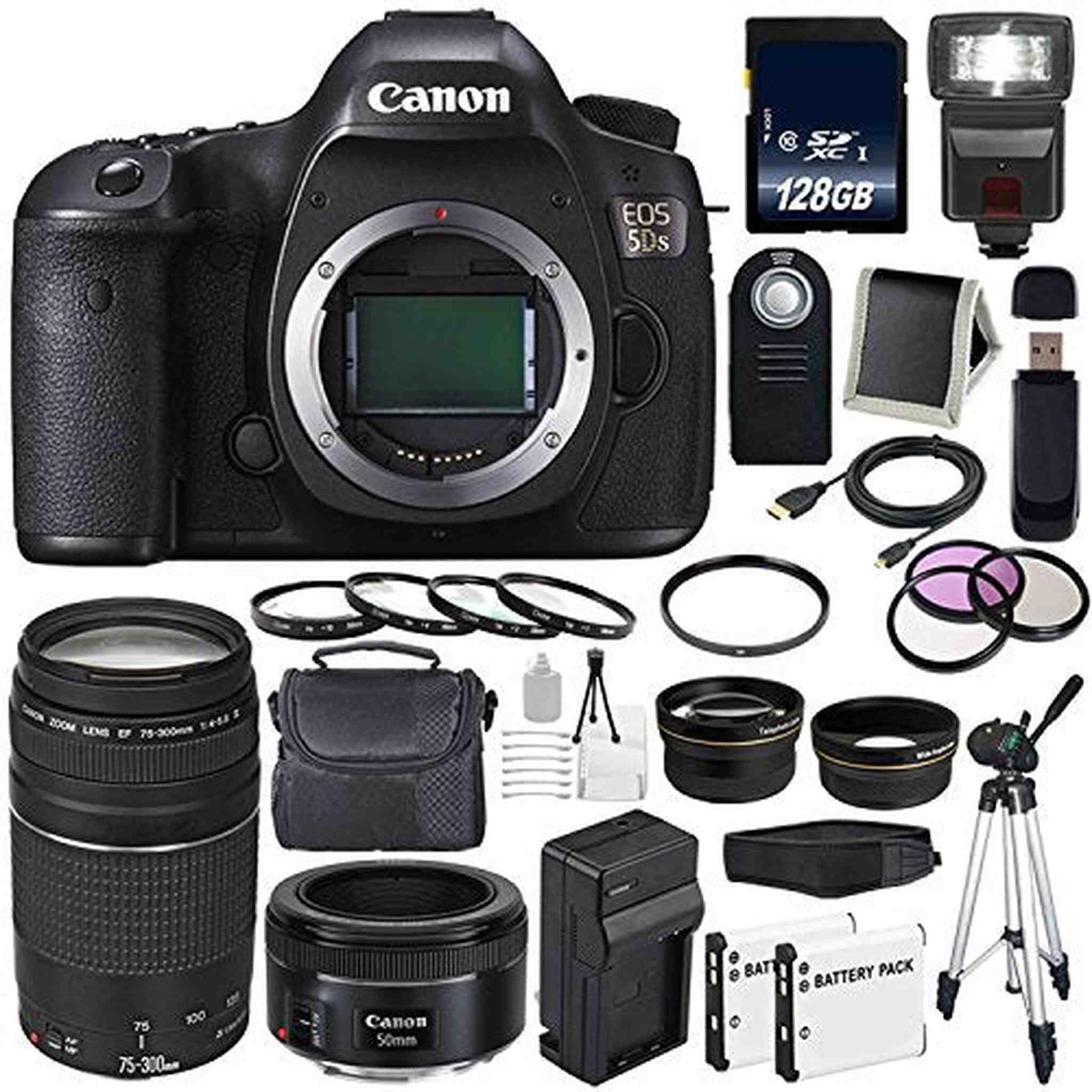 Canon EOS 5DS DSLR Camera International Model 0581C002 + Canon EF 75-300 III+ EF 50mm f/1.8 STM Lens Deluxe Bundle
