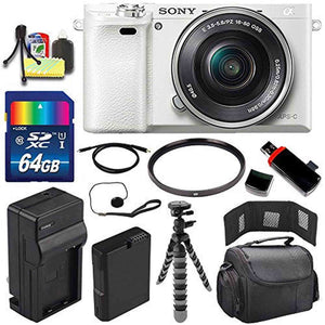Sony Alpha a6000 Mirrorless Digital Camera with 16-50mm Lens White + Battery + Charger + 64GB Bundle 3 - International Sony