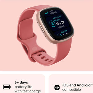 Fitbit Versa 4 Fitness Smartwatch with Daily Readiness, GPS, 24/7 Heart Rate, 40+ Exercise Modes, Sleep Tracking and more, Pink Sand/Copper Rose, One Size S & L Bands Included - Reconditioned Fitbit