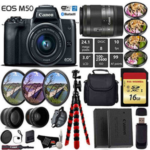 Canon EOS M50 Mirrorless Digital Camera with 15-45mm Lens + UV FLD CPL Filter Kit + 4 PC Macro Kit + Wide Angle & Teleph Canon