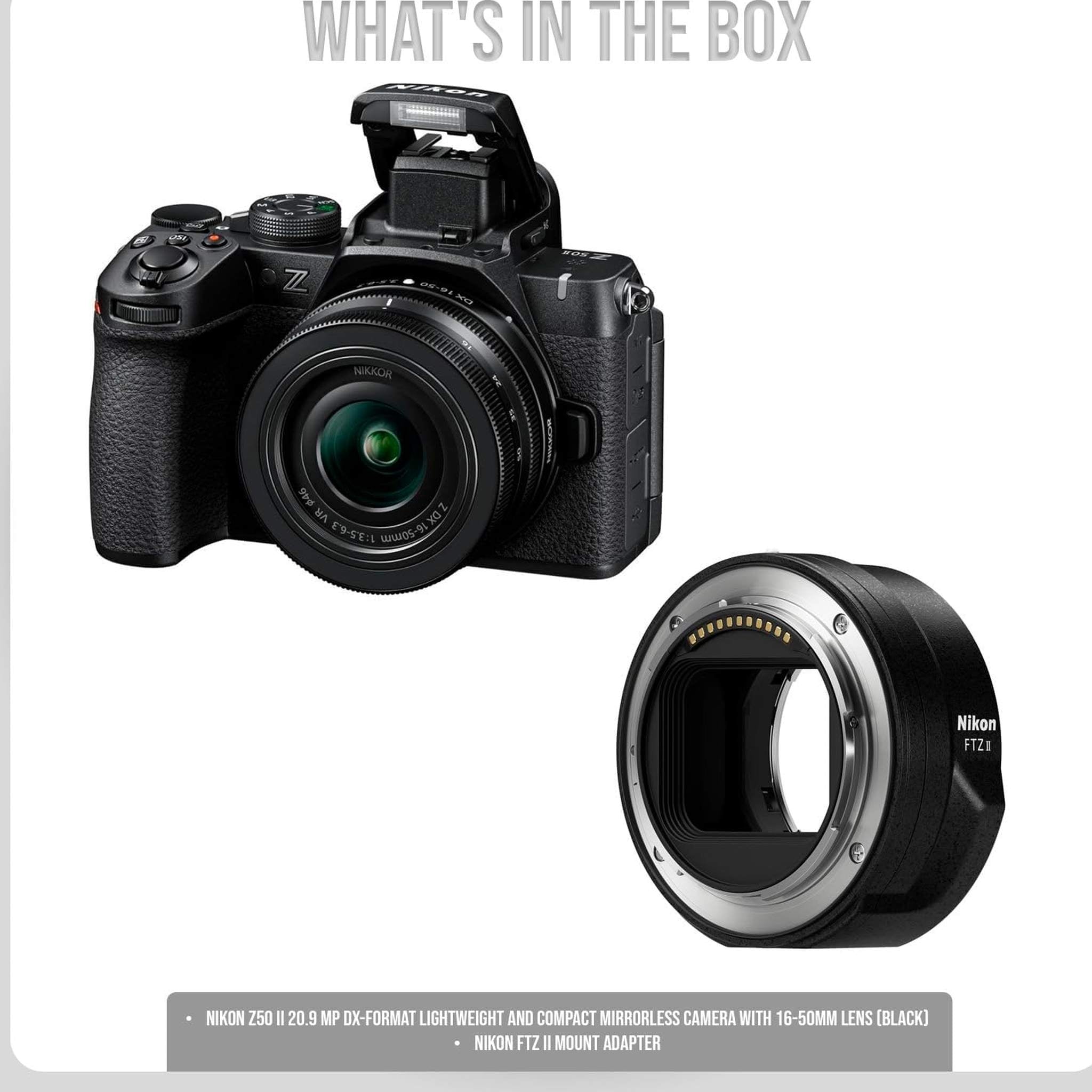Nikon Z50 II 20.9 MP DX-Format Lightweight and Compact Mirrorless Camera with 16-50mm Lens Bundle with Nikon FTZ II Mount Adapter 2 Items