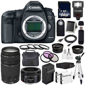 Canon EOD 5D III Digital Camera International Model + Canon EF 75-300 III+ EF 50mm f/1.8 STM Lens + LP-E6 Replacement Battery + Charger + 64GB SDXC Card Bundle - Used Canon