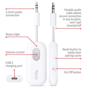 Twelve South AirFly SE, Bluetooth Wireless Audio Transmitter for AirPods/Wireless or Noise-Cancelling Headphones Use with Any 3.5 mm Audio Jack on Airplanes, Gym Equipment or iPad/Tablets Twelve South