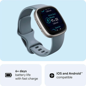 Fitbit Versa 4 Fitness Smartwatch with Daily Readiness, GPS, 24/7 Heart Rate, 40+ Exercise Modes, Sleep Tracking and more, Waterfall Blue/Platinum, One Size S & L Bands Included Fitbit