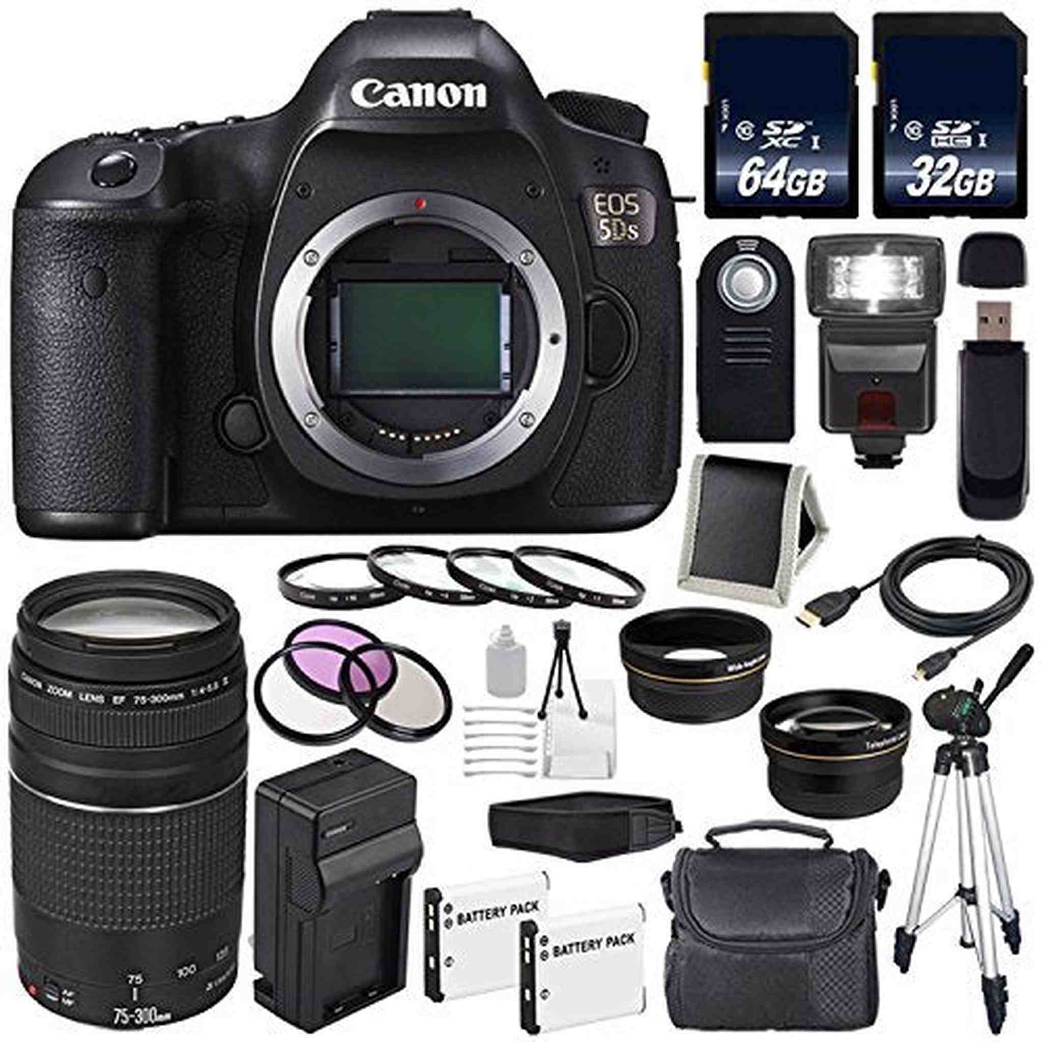 Canon EOS 5DS DSLR Camera International Model 0581C002 + Canon EF 75-300 III+ LP-E6 Replacement Battery + Charger + 64