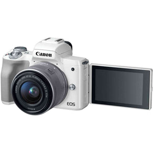 Canon EOS M50 Mirrorless Digital Camera White with 15-45mm Lens + Flash + UV FLD CPL Filter Kit + Wide Angle & Telepho