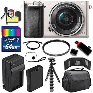 Sony Alpha a6000 Mirrorless Digital Camera with 16-50mm Lens Silver + Battery + Charger + 64GB Bundle 3 - International Sony