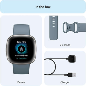 Fitbit Versa 4 Fitness Smartwatch with Daily Readiness, GPS, 24/7 Heart Rate, 40+ Exercise Modes, Sleep Tracking and more, Waterfall Blue/Platinum, One Size S & L Bands Included Fitbit