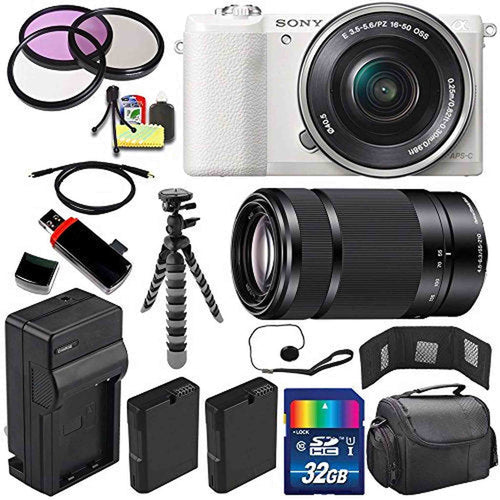Sony Alpha a5100 Mirrorless Digital Camera with 16-50mm Lens (White) + Sony E 55-210mm f/4.5-6.3 OSS E-Mount Lens 32GB Advanced Bundle