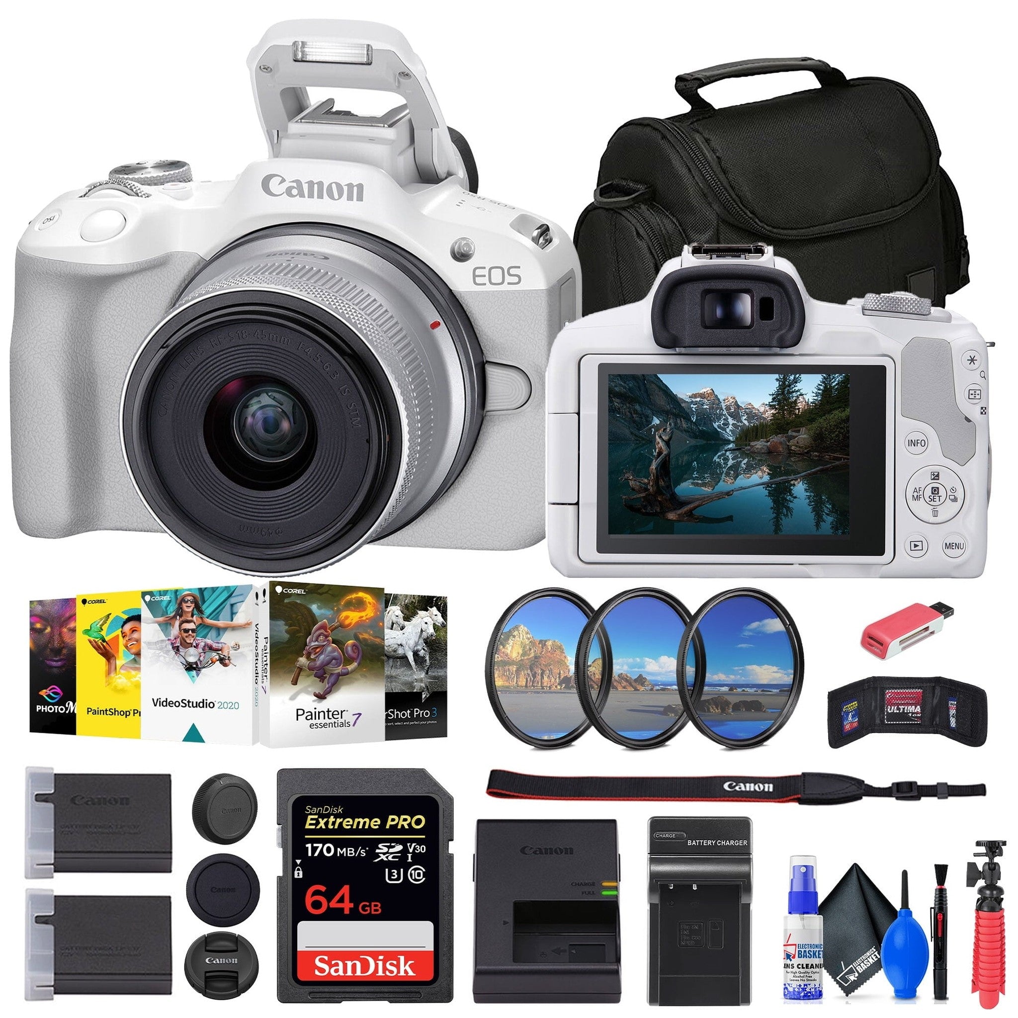 Canon EOS R50 Mirrorless Camera with 18-45mm Lens White + 64GB Card + Bag + More Canon