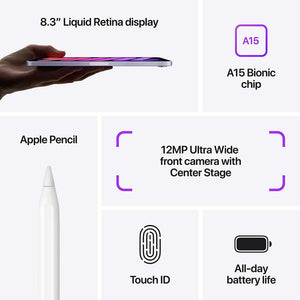Apple iPad Mini 6 64GB, Wi-Fi, Purple Bundle with Zipper Sleeve - Like New Apple
