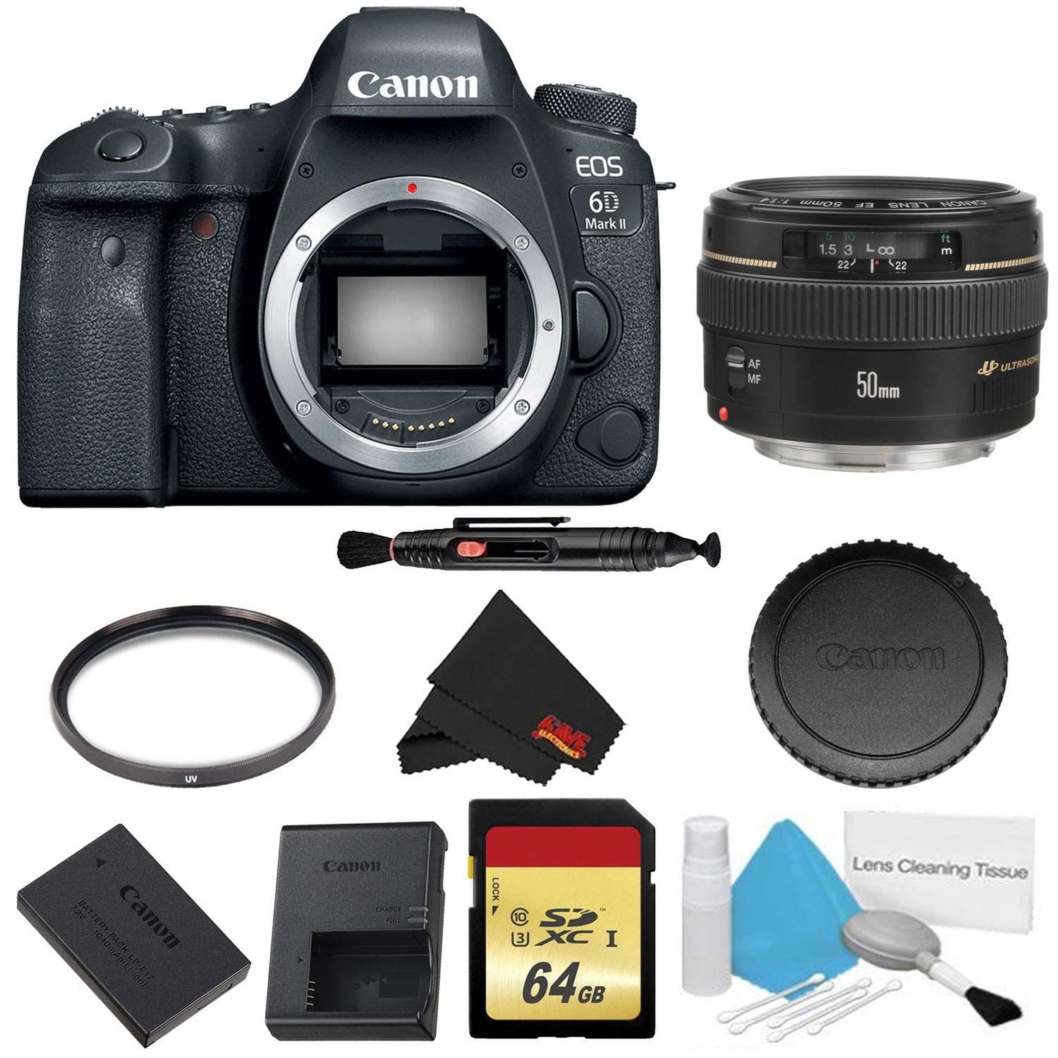 Canon EOS 6D Mark II DSLR Camera (Body Only) Basic Filter w/Memory Bundle + Bonus Canon EF 50mm f/1.4 USM Lens - Interna
