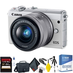 Canon EOS M100 Mirrorless Digital Camera with 15-45mm Lens White + 64GB Memory Card + Mega Accessory Kit + 2 Year Acci