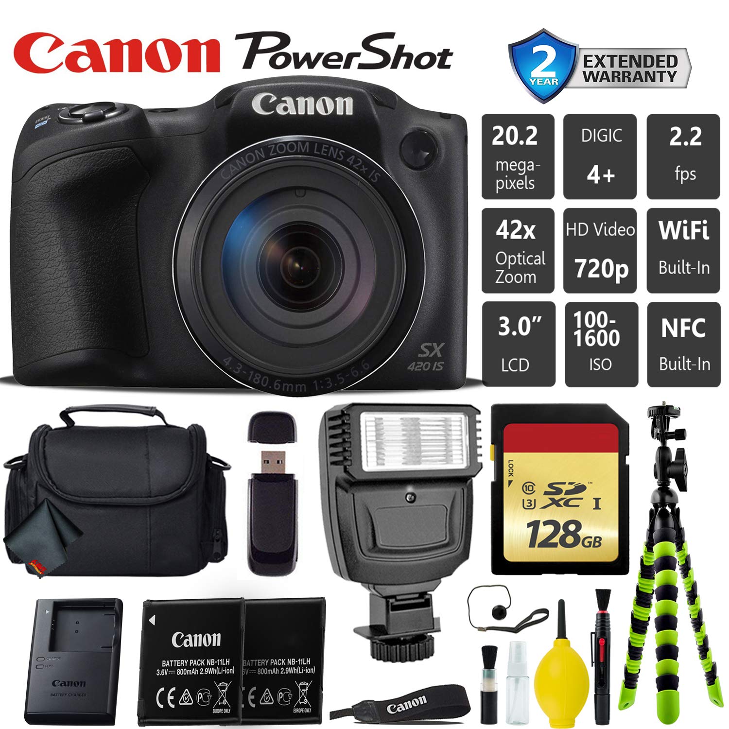 Canon PowerShot SX420 is Digital Point and Shoot Camera + Extra Battery + Digital Flash + Camera Case Deluxe Bundle