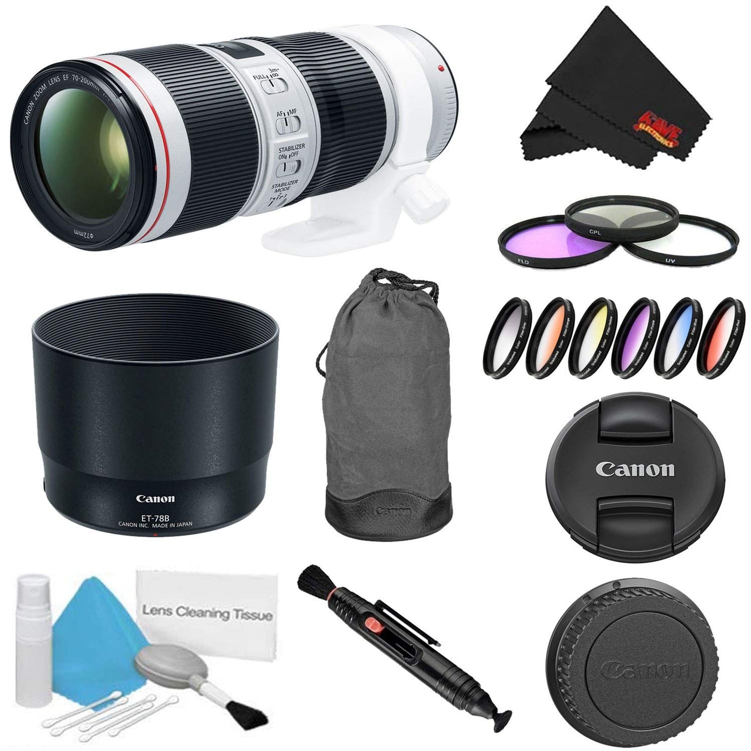 Canon EF 70-200mm f/4L is II USM Lens Bundle w/ 3 Piece Filter Kit Color Multicoated 6 Piece Filter Kit (International M