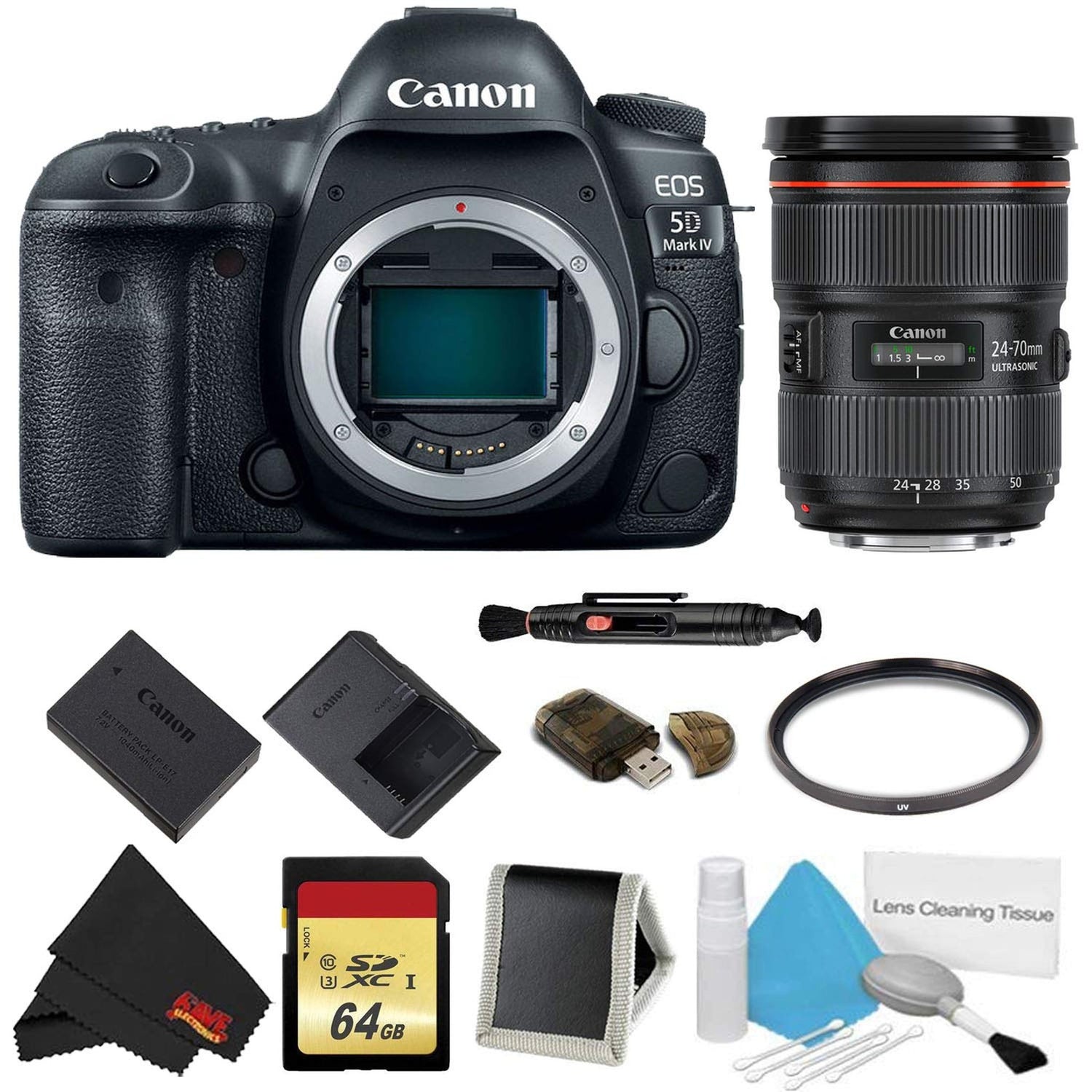 Canon EOS 5D Mark IV DSLR Camera (Body Only) Basic Filter + Memory Kit w/ 24-70mm F/2.8L II USM Lens - International Mod