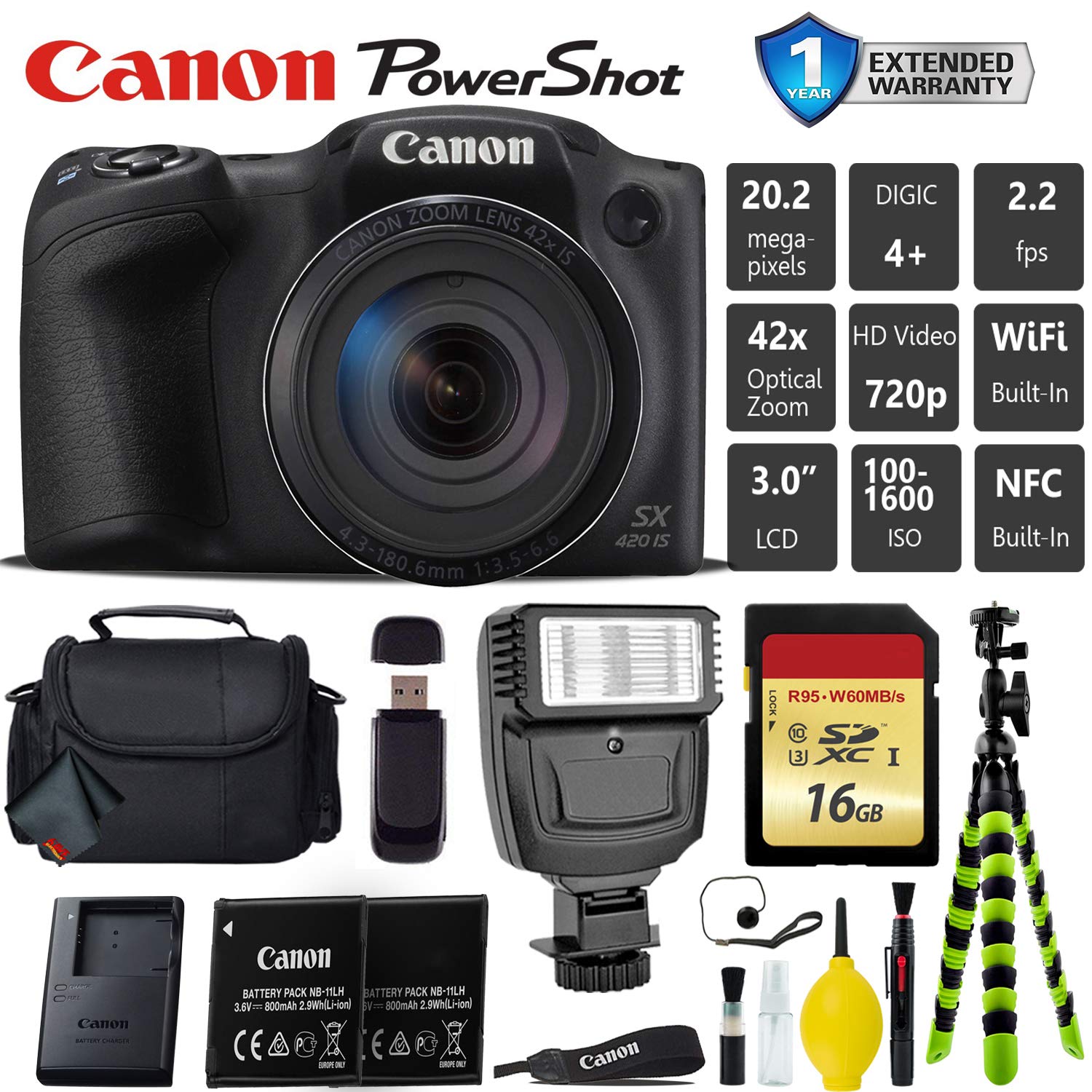 Canon PowerShot SX420 IS Digital Point and Shoot 20MP Camera + Extra Battery + Digital Flash + Camera Case + 16GB Class