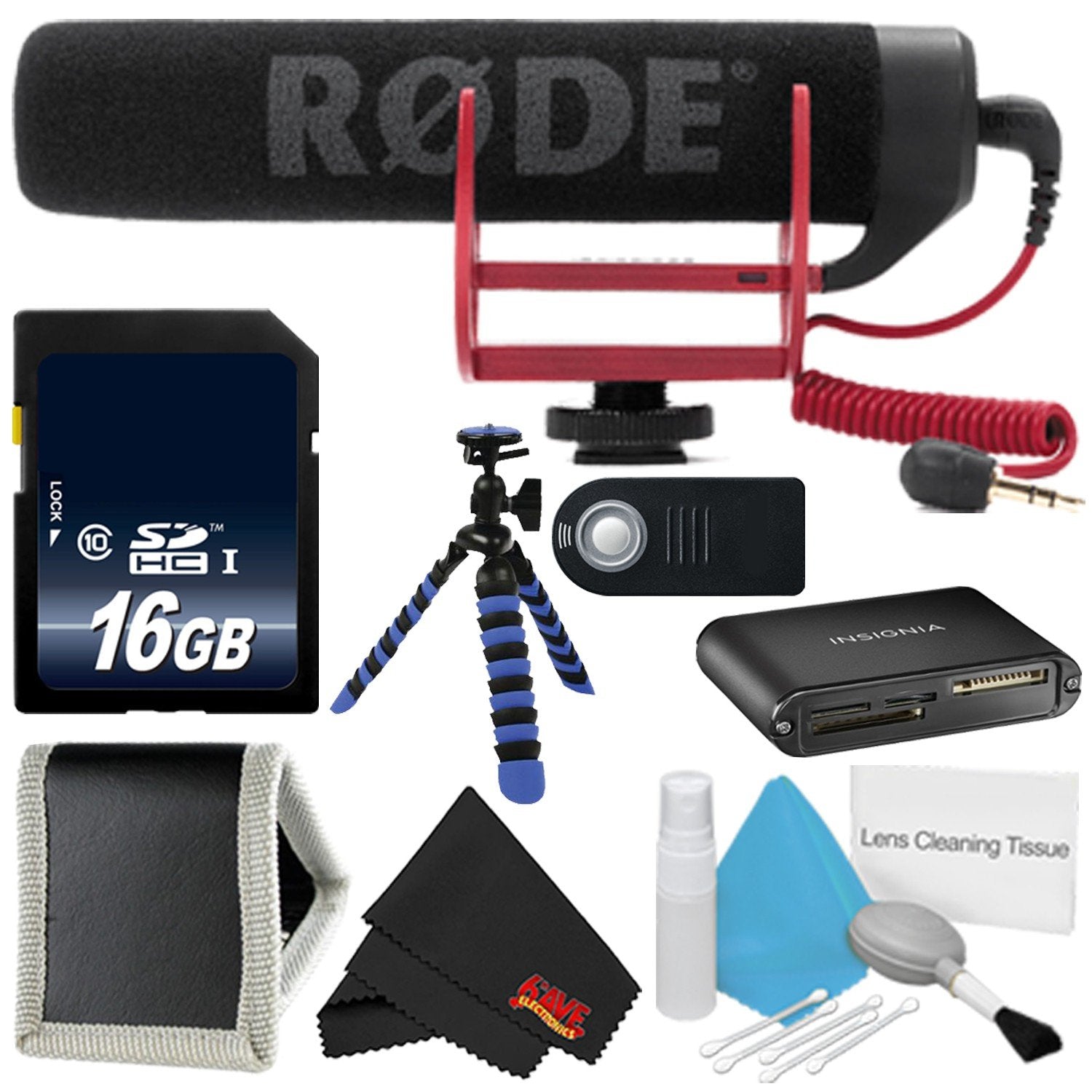 Rode VideoMic GO VIDEOMIC-GO + 16GB Memory Card + Flexible Tripod with Gripping Rubber Legs + Deluxe Cleaning Kit + Microfiber Cloth- Bundle