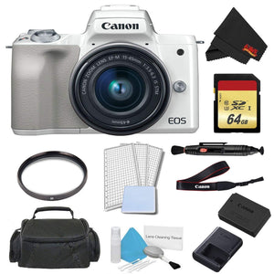 Canon EOS M50 Mirrorless Digital Camera with 15-45mm Lens White Advanced Bundle w/ 64GB Memory Card - International Mo