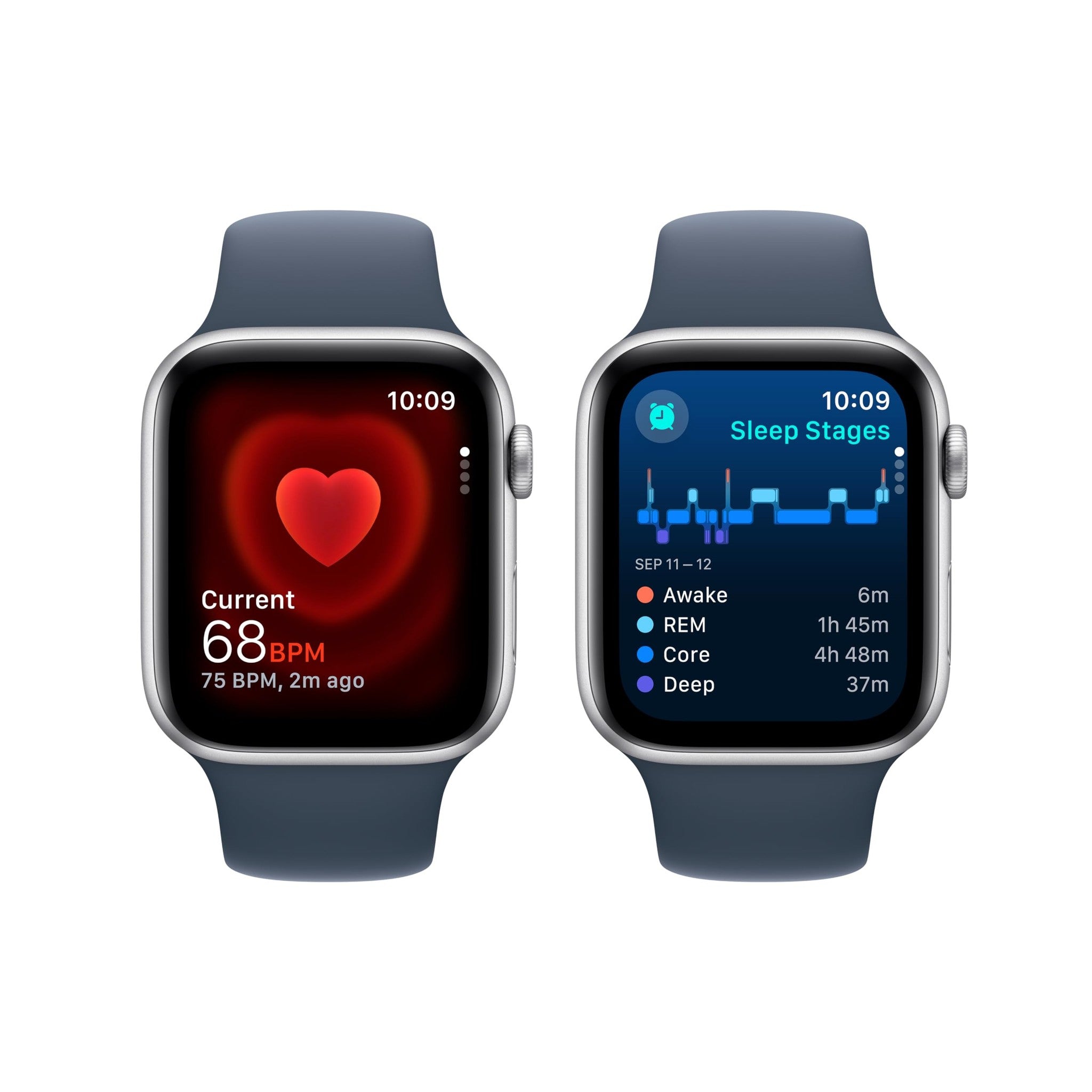 Apple Watch SE 2nd Gen GPS 44mm Smartwatch with Silver Aluminum Case with Storm Blue Sport Band M/L. Fitness & Sleep Tracker, Crash Detection, Heart Rate Monitor