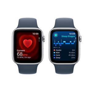 Apple Watch SE 2nd Gen GPS 44mm Smartwatch with Silver Aluminum Case with Storm Blue Sport Band S/M. Fitness & Sleep Tracker, Crash Detection, Heart Rate Monitor - Reconditioned Apple