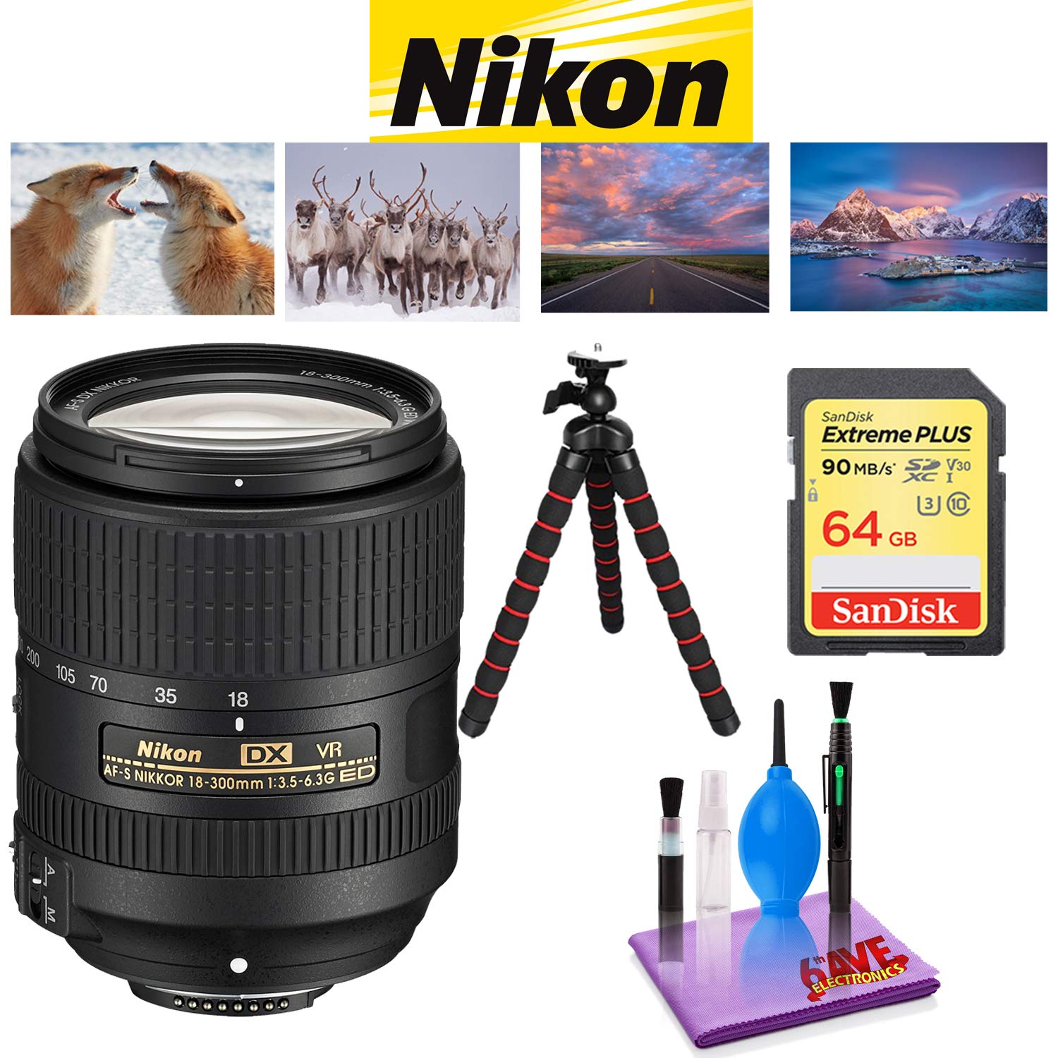 NIKON 18-300MM F/3.5-6.3G ED AF-S DX VR Lens with Sandisk 64 GB Memory Card, Deluxe Backpack for Camera + Video Bundle