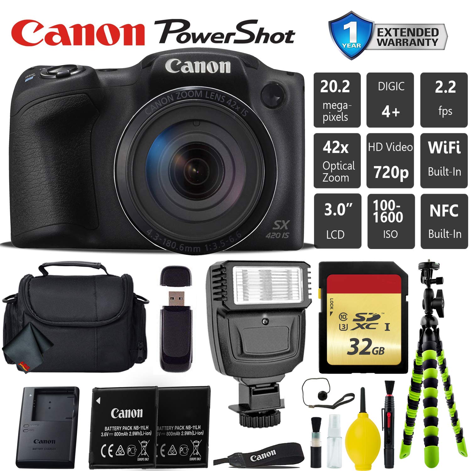 Canon PowerShot SX420 is Digital Point and Shoot Camera + Extra Battery + Digital Flash + Camera Case + 32GB Class 10 Card Starter Bundle