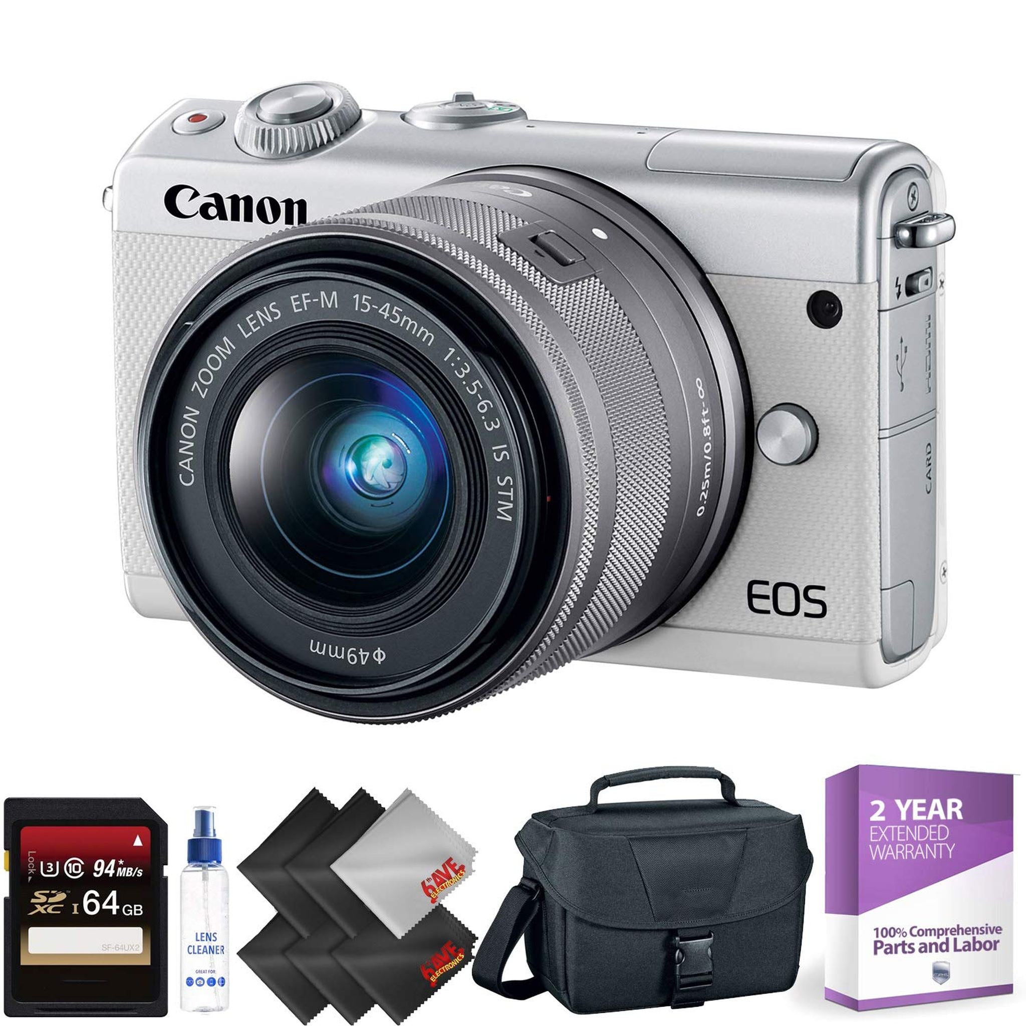 Canon EOS M100 Mirrorless Digital Camera with 15-45mm Lens White + 64GB Memory Card + 1 Year Warranty