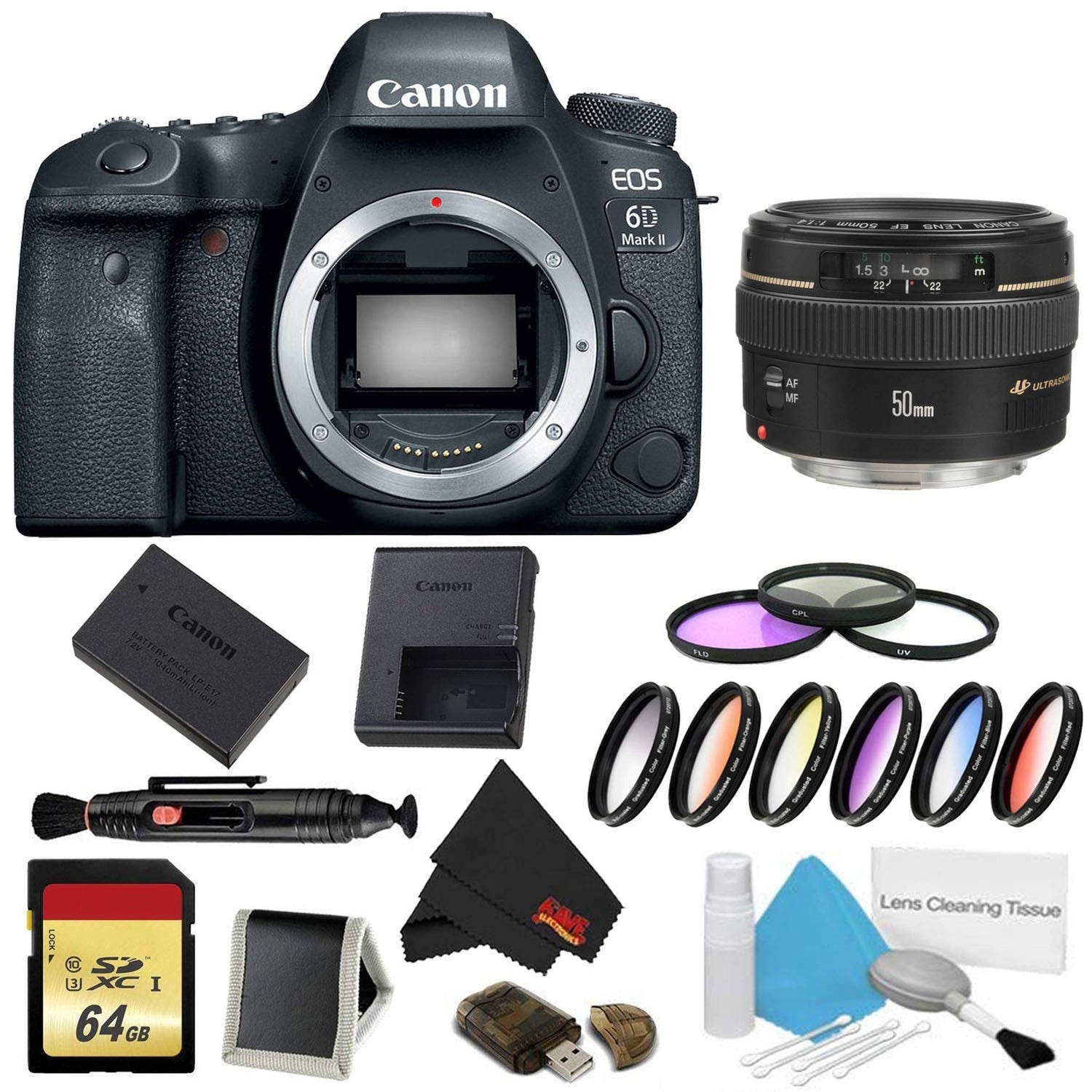 Canon EOS 6D Mark II DSLR Camera (Body Only) 9 Piece Filter w/Memory Bundle + Canon EF 50mm f/1.4 USM Lens - Internation