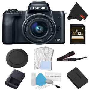 Canon EOS M50 Mirrorless Digital Camera with 15-45mm Lens Black Basic Bundle w/ 32GB Memory Card - International Model Canon