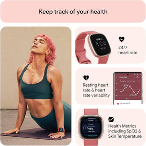 Fitbit Versa 4 Fitness Smartwatch with Daily Readiness, GPS, 24/7 Heart Rate, 40+ Exercise Modes, Sleep Tracking and more, Pink Sand/Copper Rose, One Size S & L Bands Included - Reconditioned Fitbit