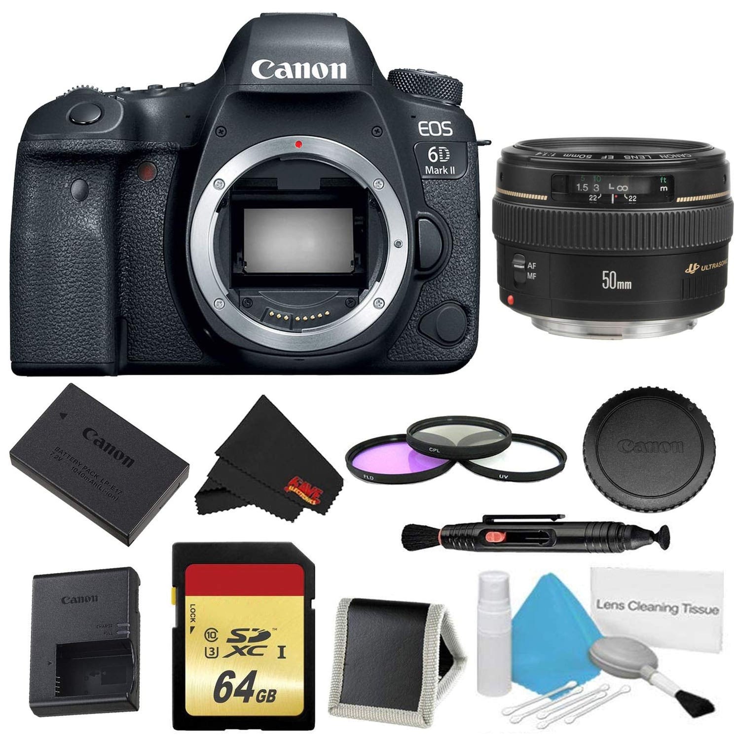 Canon EOS 6D Mark II DSLR Camera (Body Only) 3 Piece Filter w/Memory Bundle + Canon EF 50mm f/1.4 USM Lens - Internation