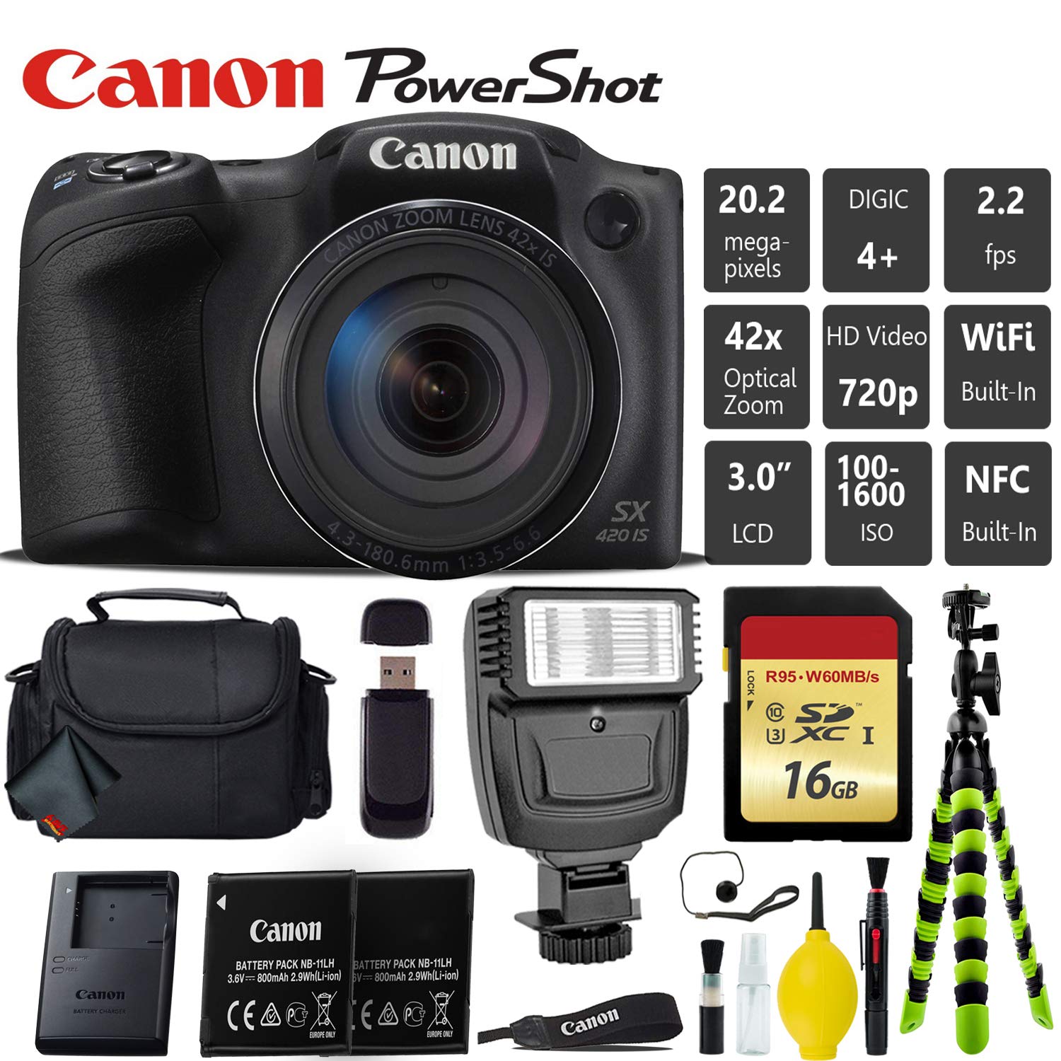 Canon PowerShot SX420 is Digital Point and Shoot Camera + Extra Battery + Digital Flash + Camera Case + 16GB Class 10 Me
