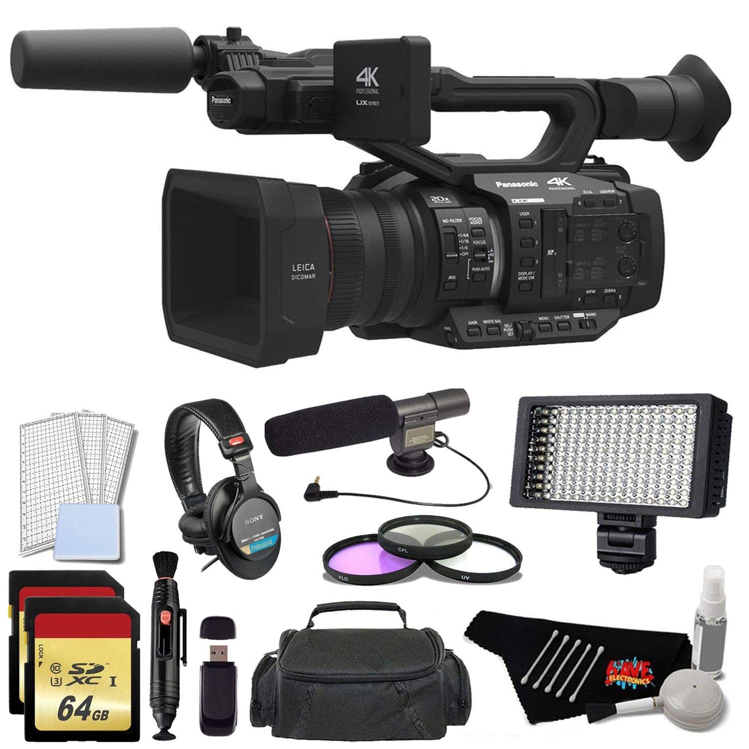 Panasonic AG-UX180 4K Premium Professional Camcorder with 128GB Memory Card, Filter Kit, Professional Microphone, LED Video Light, Studio Headphones, and Standard Accessories