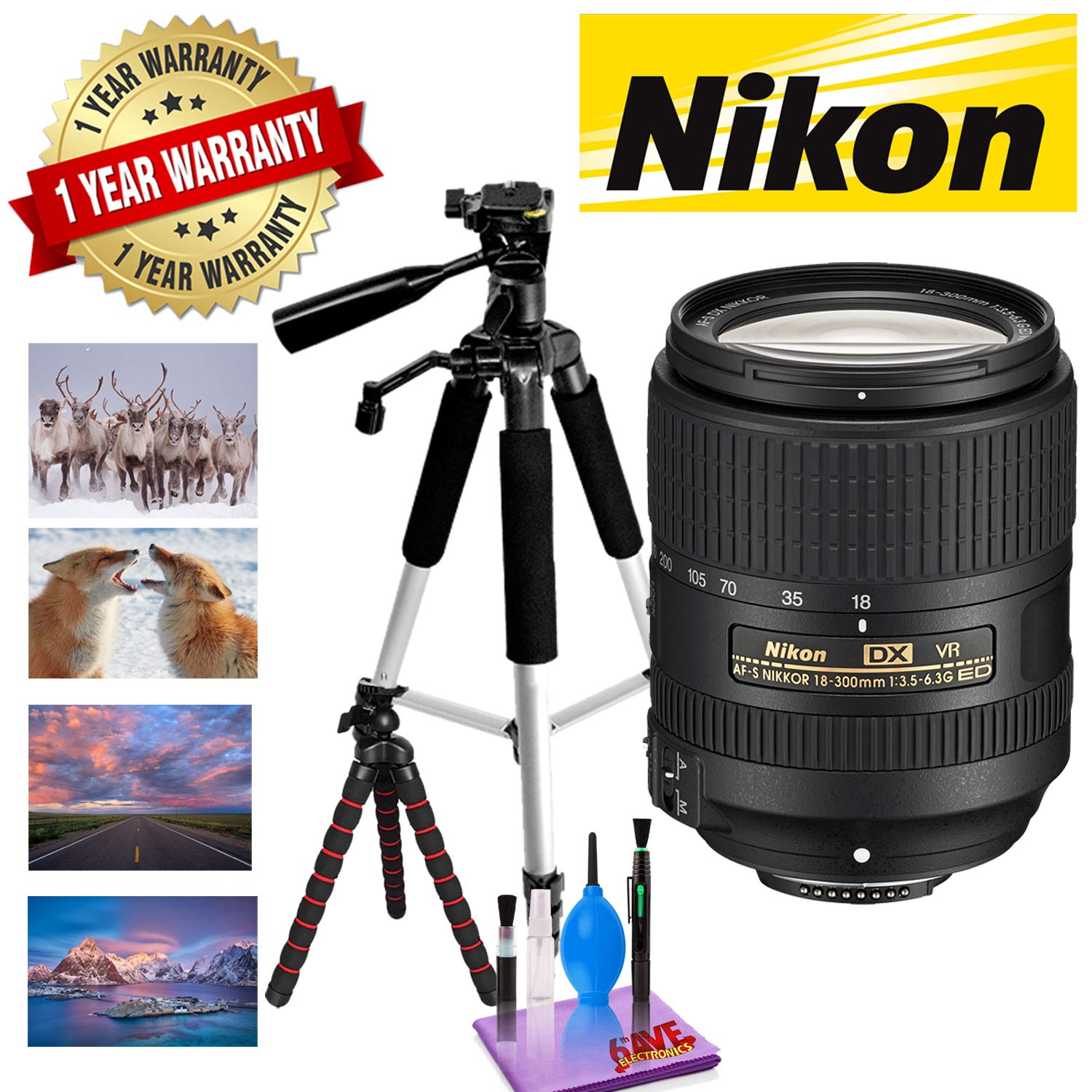 NIKON 18-300MM F/3.5-6.3G ED AF-S DX VR Lens with 1 Year Warranty, 12 in Flexible Tripod and 72 in Professional Bundle