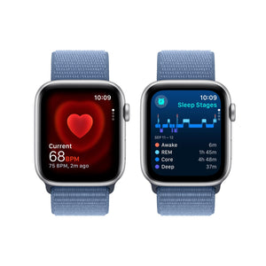 Apple Watch SE 2nd Gen GPS 44mm Smartwatch with Silver Aluminum Case with Winter Blue Sport Loop. Fitness & Sleep Tracker, Crash Detection, Heart Rate Monitor, Carbon Neutral - Reconditioned Apple