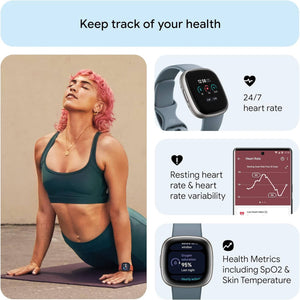 Fitbit Versa 4 Fitness Smartwatch with Daily Readiness, GPS, 24/7 Heart Rate, 40+ Exercise Modes, Sleep Tracking and more, Waterfall Blue/Platinum, One Size S & L Bands Included Fitbit