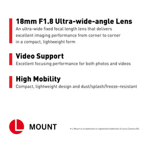 Panasonic LUMIX S Series Camera Lens, 18mm F1.8 L-Mount Interchangeable Lens S-S18 - Reconditioned Panasonic