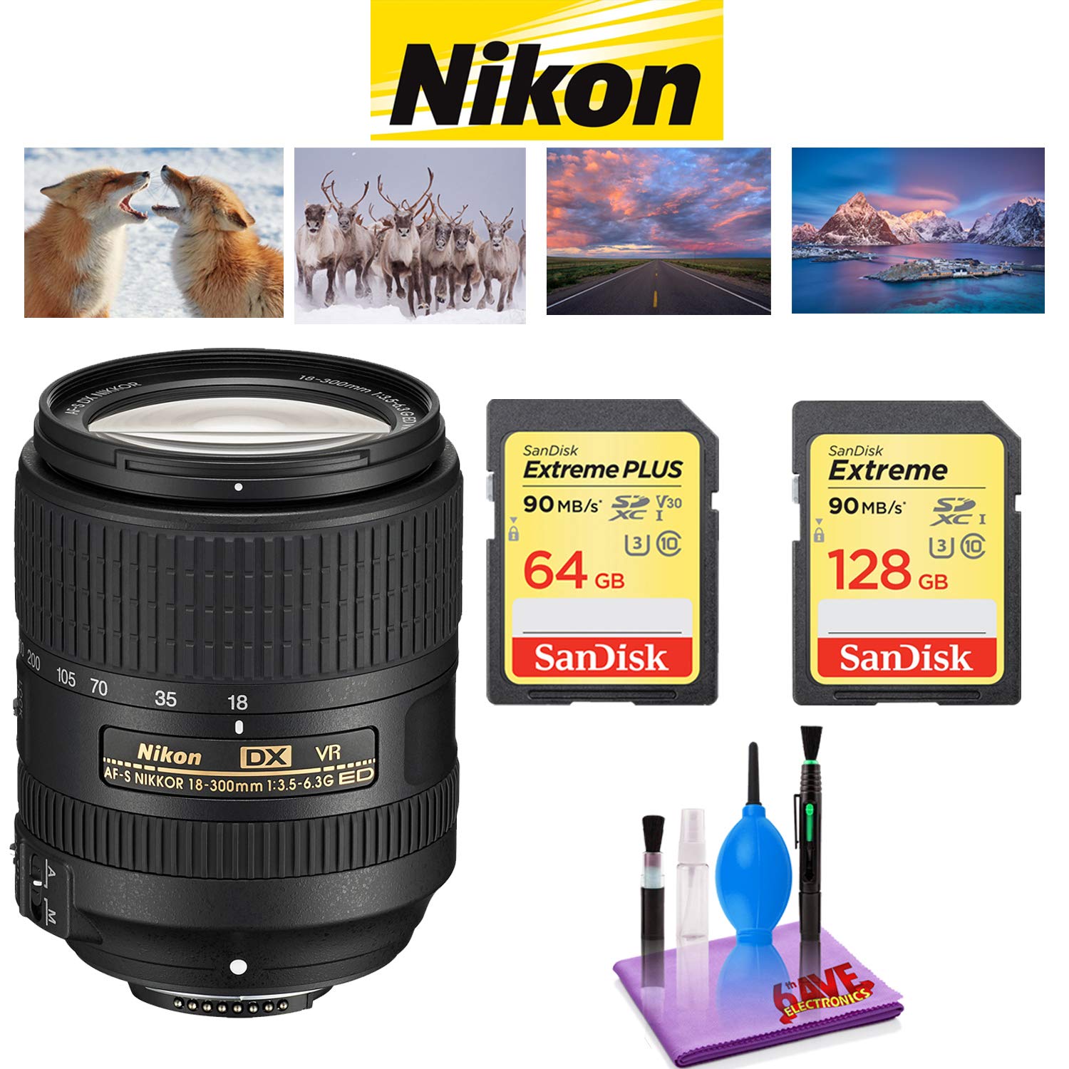 NIKON 18-300MM F/3.5-6.3G ED AF-S DX VR Lens with Sandisk 64GB and 128GB Extreme Memory Card SDXCUHS-I Bundle